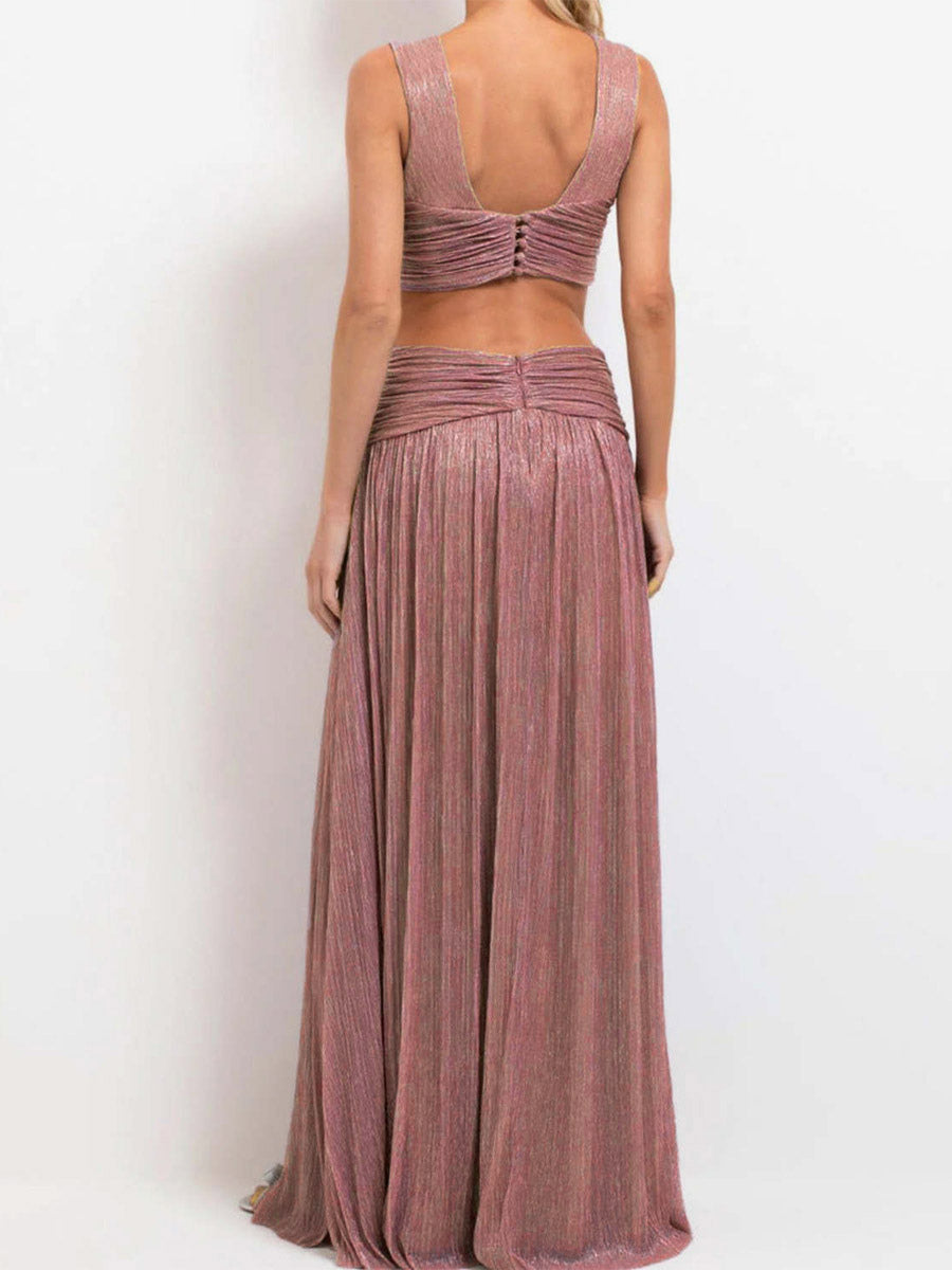 Vacation Dresses Sleeveless Deep V Cross Waist Cutout High Slit Shiny Pleated Maxi Gown