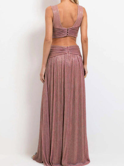 Vacation Dresses Sleeveless Deep V Cross Waist Cutout High Slit Shiny Pleated Maxi Gown