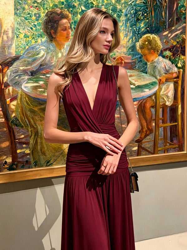 Vacation Dresses Pleated Sleeveless Deep V Wrap Ruched Pleated Flowy Maxi Dress