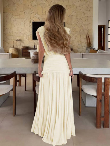 Vacation Dresses Pleated Sleeveless Deep V Wrap Ruched Pleated Flowy Maxi Dress