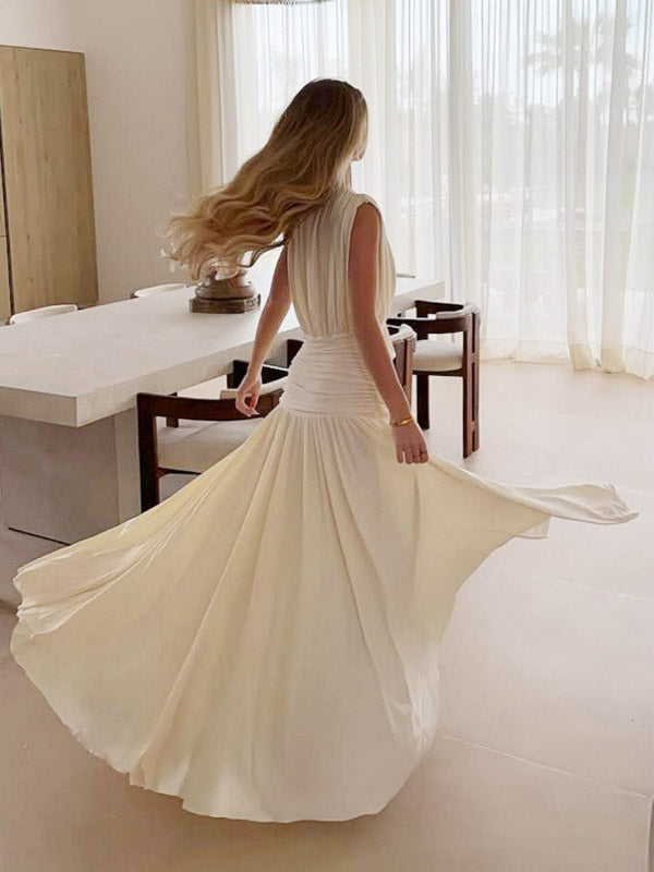 Vacation Dresses Pleated Sleeveless Deep V Wrap Ruched Pleated Flowy Maxi Dress