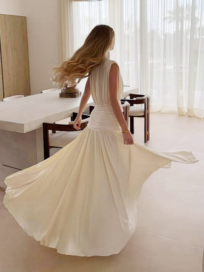 Vacation Dresses Pleated Sleeveless Deep V Wrap Ruched Pleated Flowy Maxi Dress