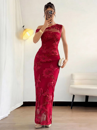 Date Night Dresses Maxi Elegant Black One Shoulder 3D Floral Mesh Mermaid Bodycon Formal Gown