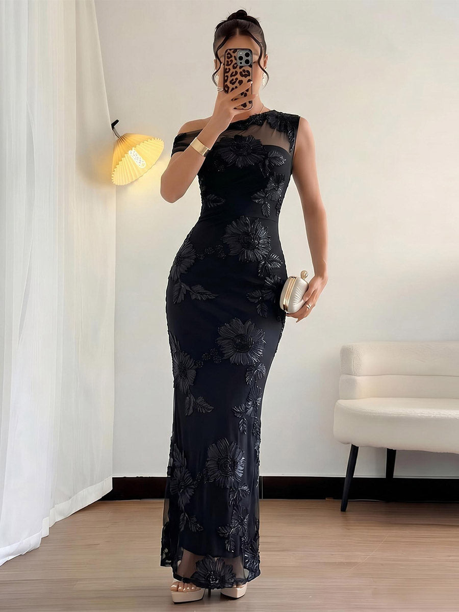 Date Night Dresses Maxi Elegant Black One Shoulder 3D Floral Mesh Mermaid Bodycon Formal Gown