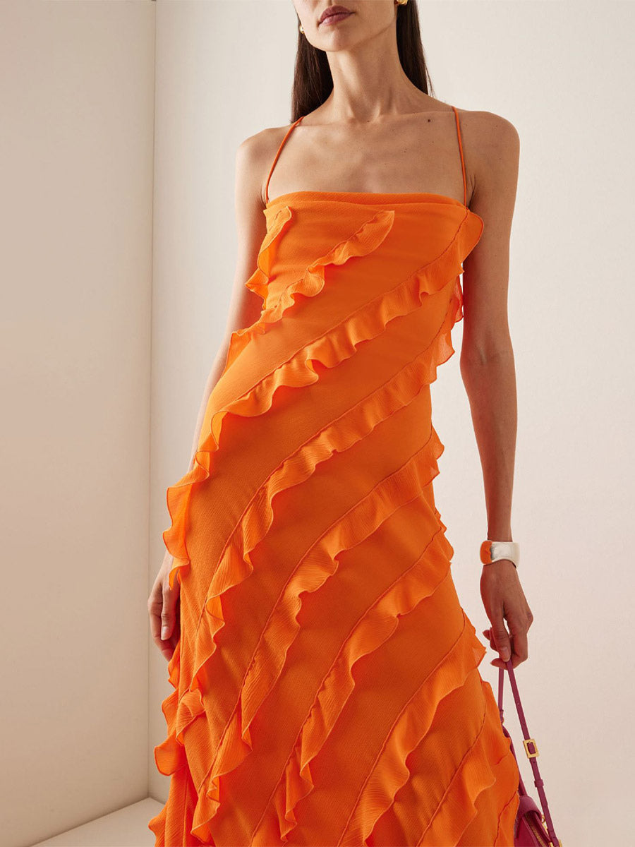 Date Night Dresses Maxi Sexy Orange Spaghetti Strap Cross Back Ruffle Tiered High Slit Bodycon Dress