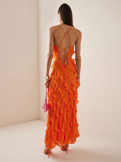 Date Night Dresses Maxi Sexy Orange Spaghetti Strap Cross Back Ruffle Tiered High Slit Bodycon Dress