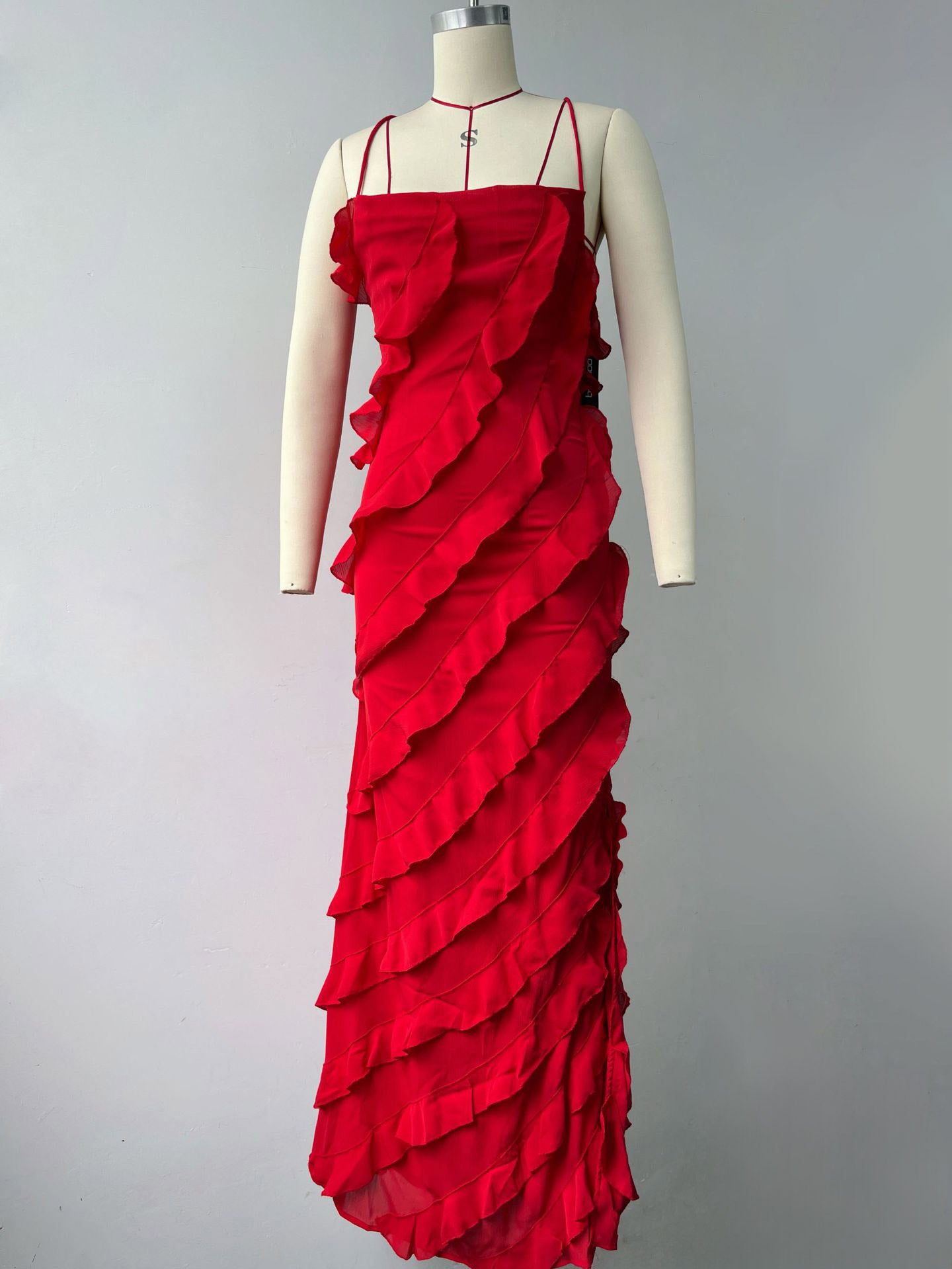 Date Night Dresses Maxi Sexy Orange Spaghetti Strap Cross Back Ruffle Tiered High Slit Bodycon Dress