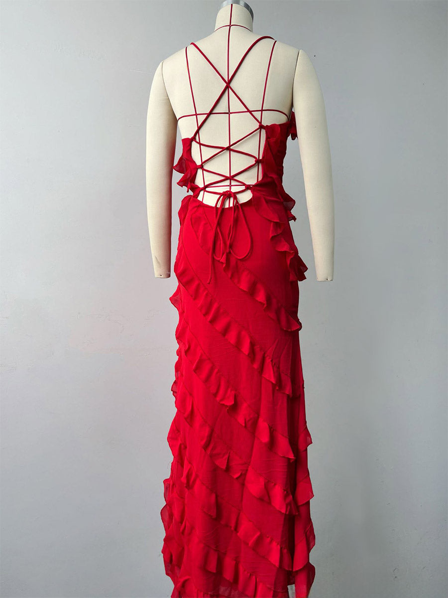 Date Night Dresses Maxi Sexy Orange Spaghetti Strap Cross Back Ruffle Tiered High Slit Bodycon Dress