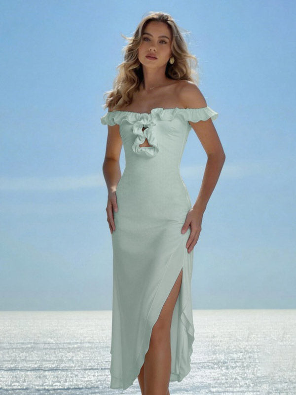 Date Night Dresses Maxi Ruffles Off Shoulder Elegant Mint Green Bodycon Dress