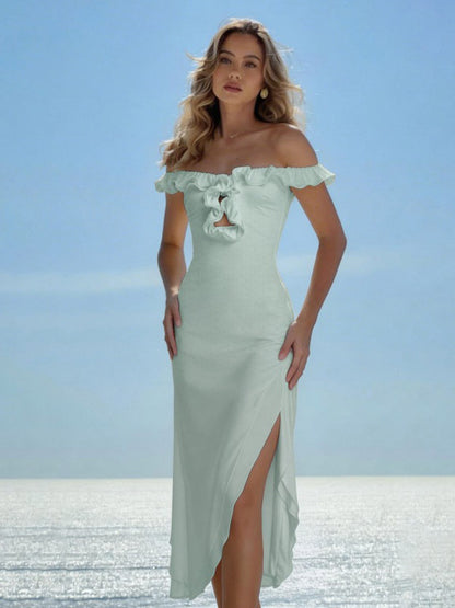 Date Night Dresses Maxi Ruffles Off Shoulder Elegant Mint Green Bodycon Dress