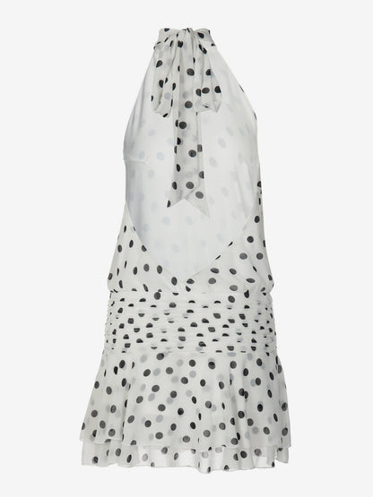 Date Night Dresses Mini Backless Halter Polka Dot High Collar Chic White Chiffon Dress