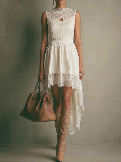 Date Night Dresses Midi High Low Bohemian Lace Sleeveless Jewel Neck Irregular Flowy White Dresses