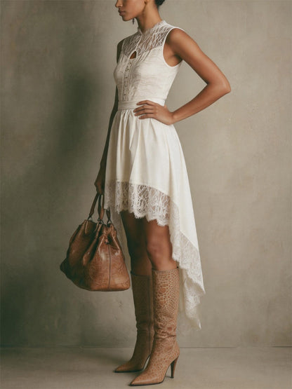 Date Night Dresses Midi High Low Bohemian Lace Sleeveless Jewel Neck Irregular Flowy White Dresses