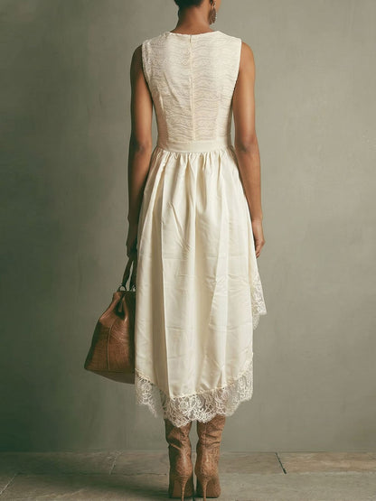 Date Night Dresses Midi High Low Bohemian Lace Sleeveless Jewel Neck Irregular Flowy White Dresses