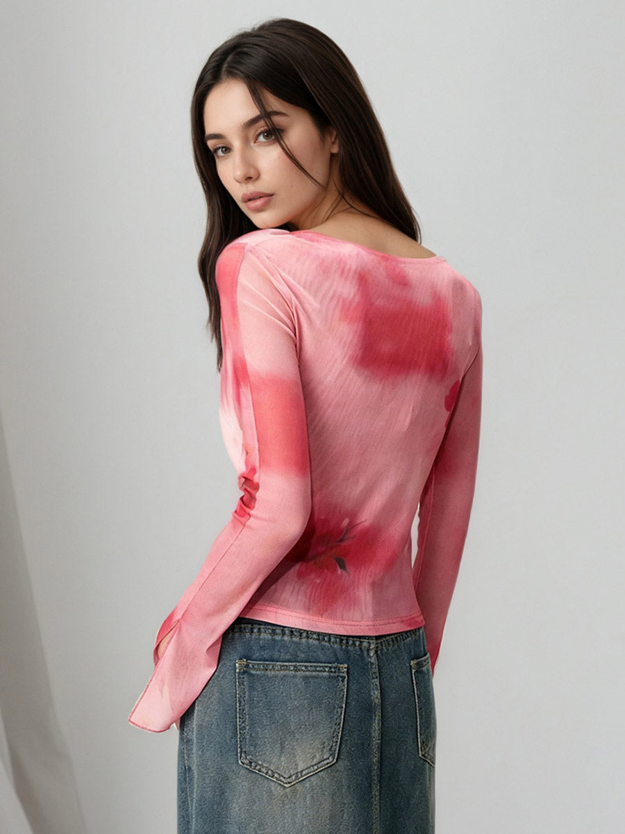 Ombre Tie Dye Square Neck Layered Look Front Tie Flare Long Sleeve Crop Top