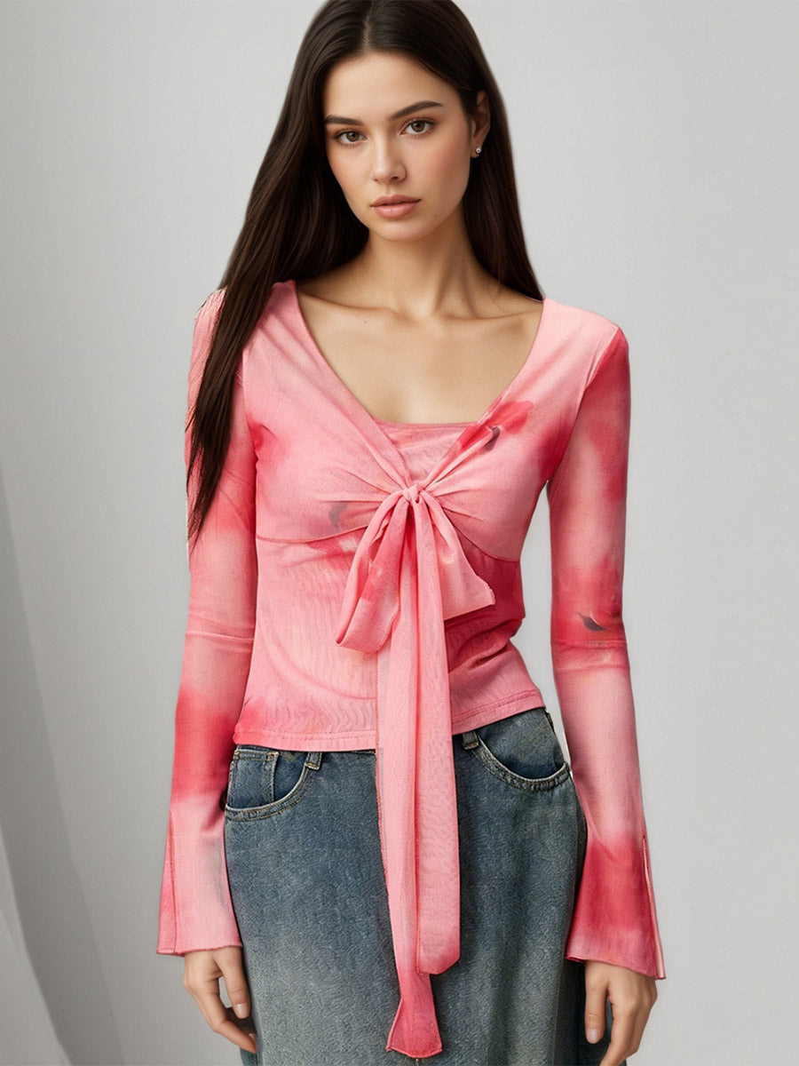 Ombre Tie Dye Square Neck Layered Look Front Tie Flare Long Sleeve Crop Top