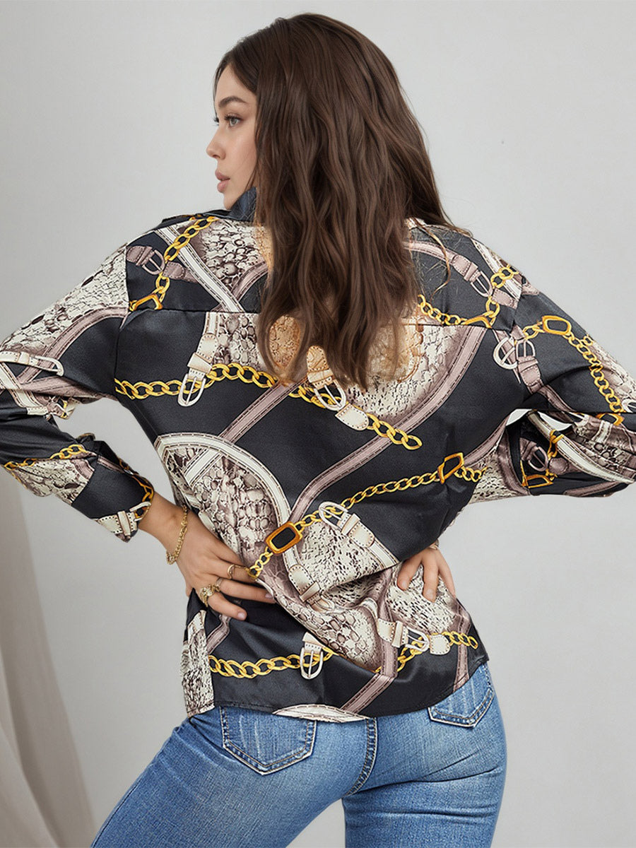Chain Print Satin Long Sleeve Button Down Shirt Front Tie Cropped Blouse