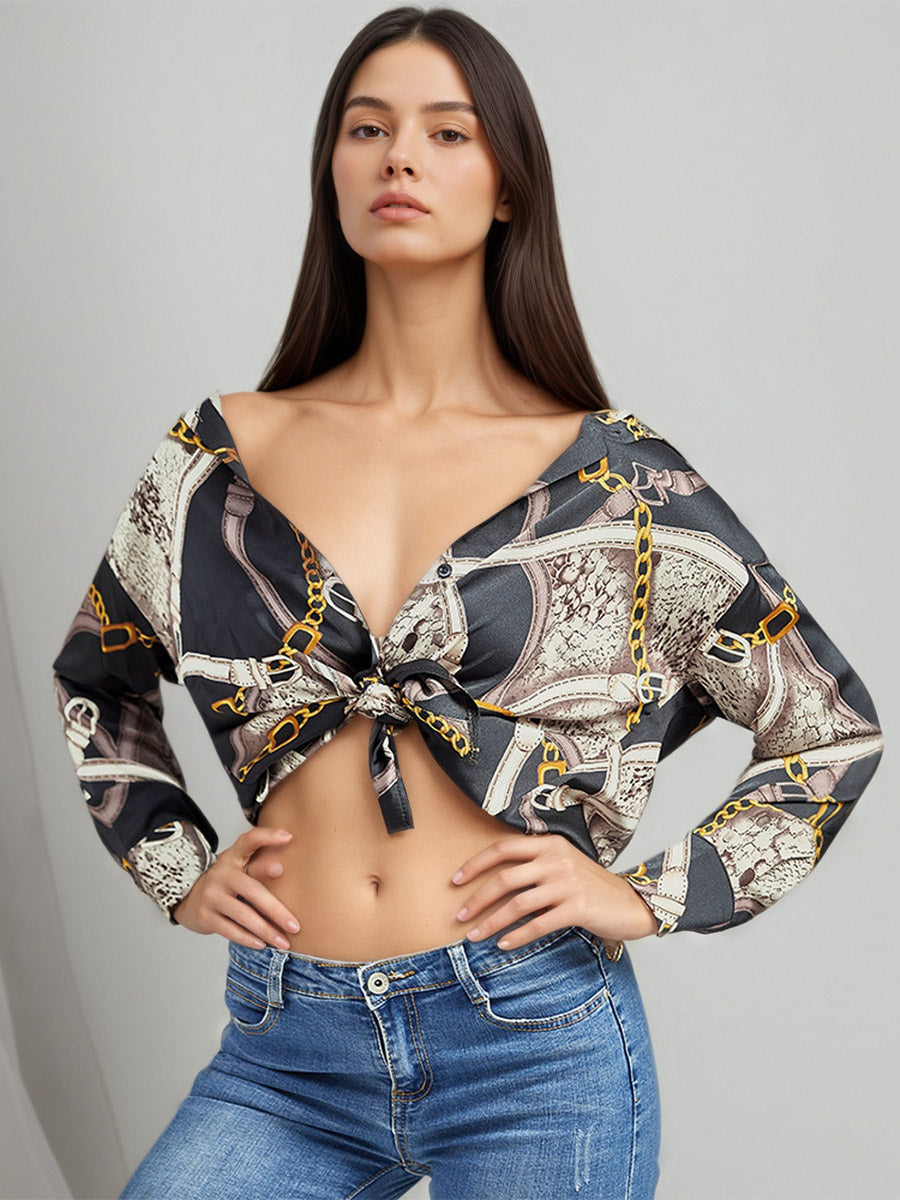 Chain Print Satin Long Sleeve Button Down Shirt Front Tie Cropped Blouse