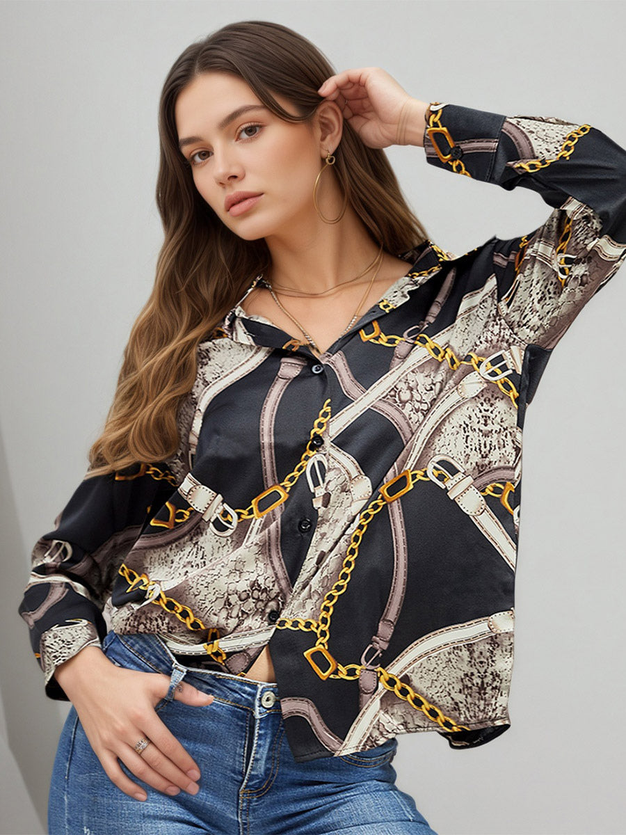 Chain Print Satin Long Sleeve Button Down Shirt Front Tie Cropped Blouse