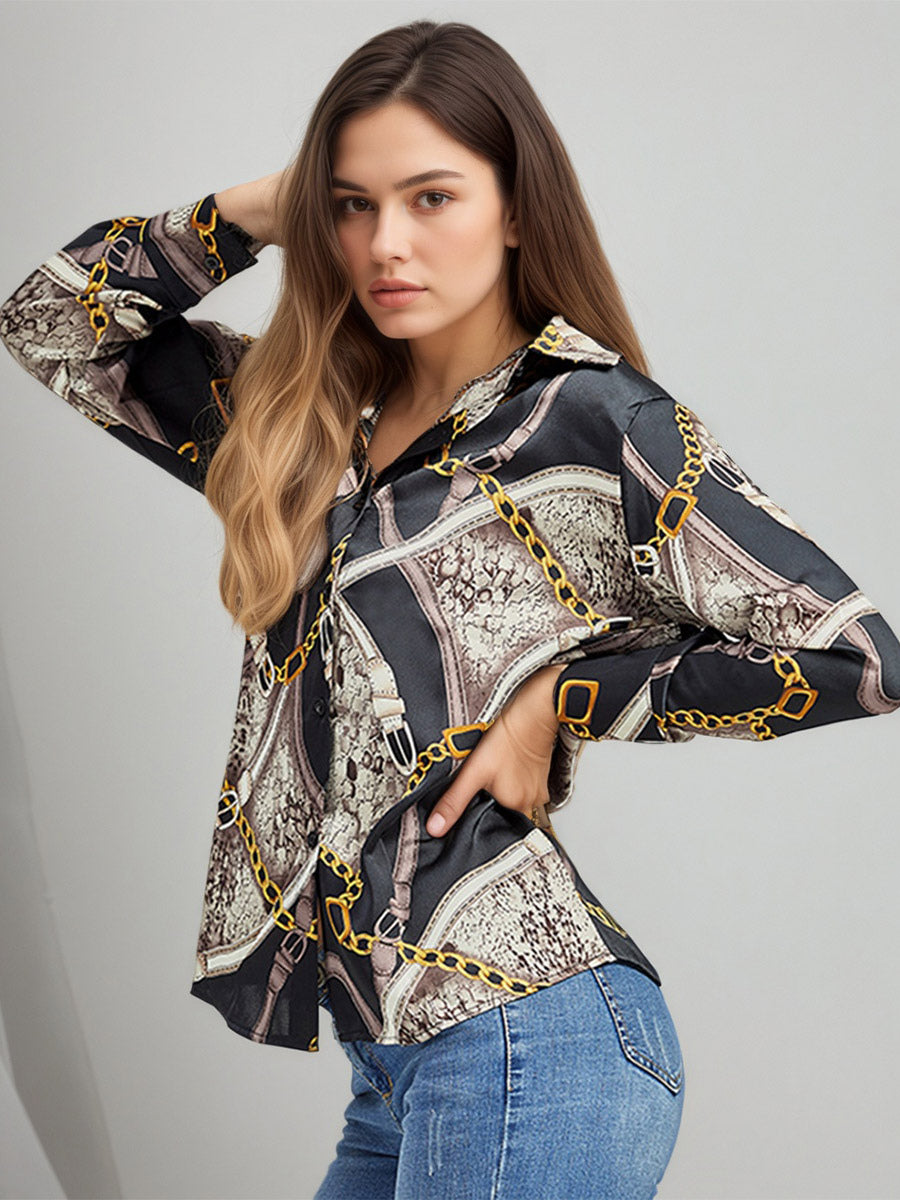 Chain Print Satin Long Sleeve Button Down Shirt Front Tie Cropped Blouse