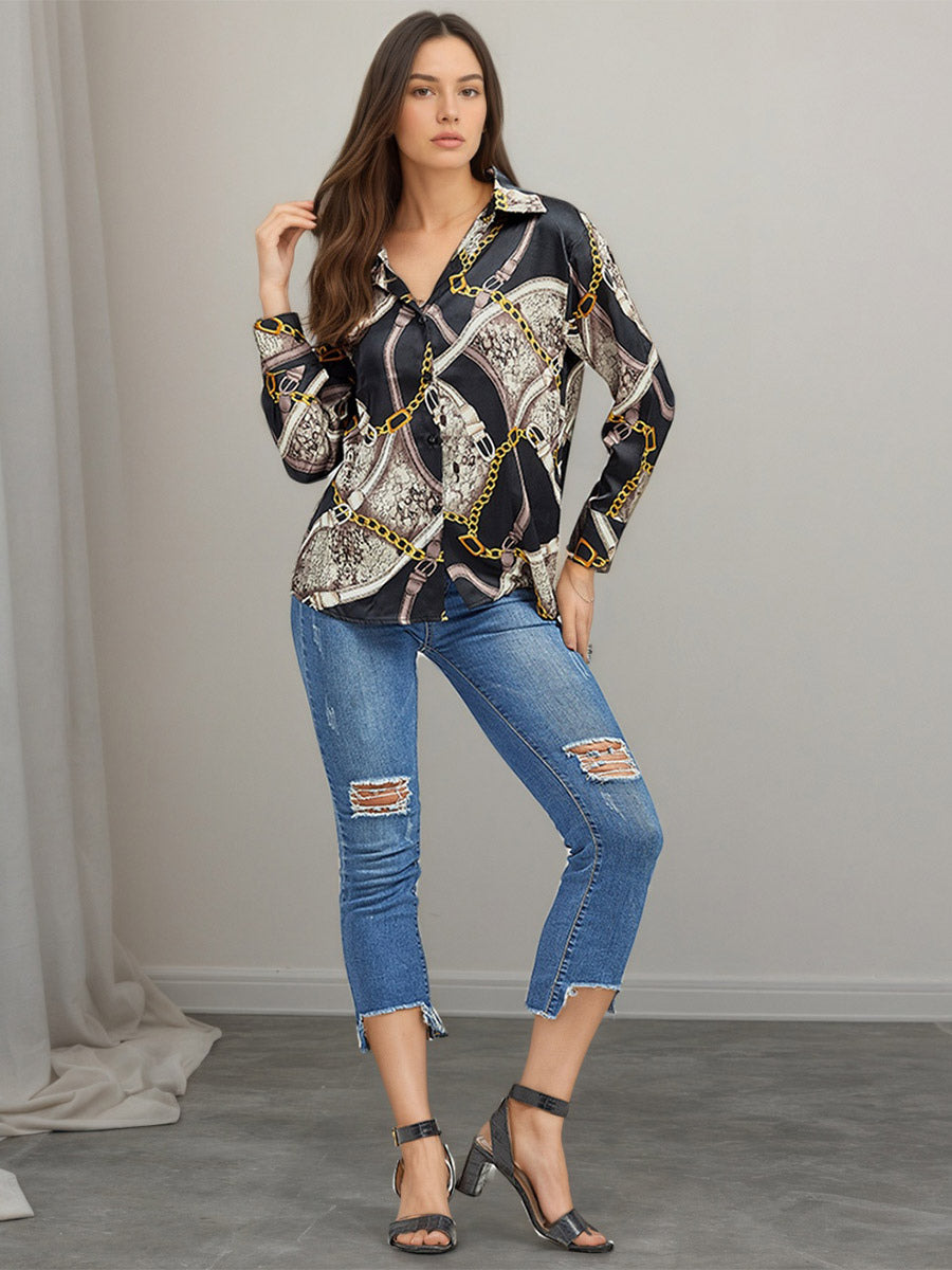 Chain Print Satin Long Sleeve Button Down Shirt Front Tie Cropped Blouse
