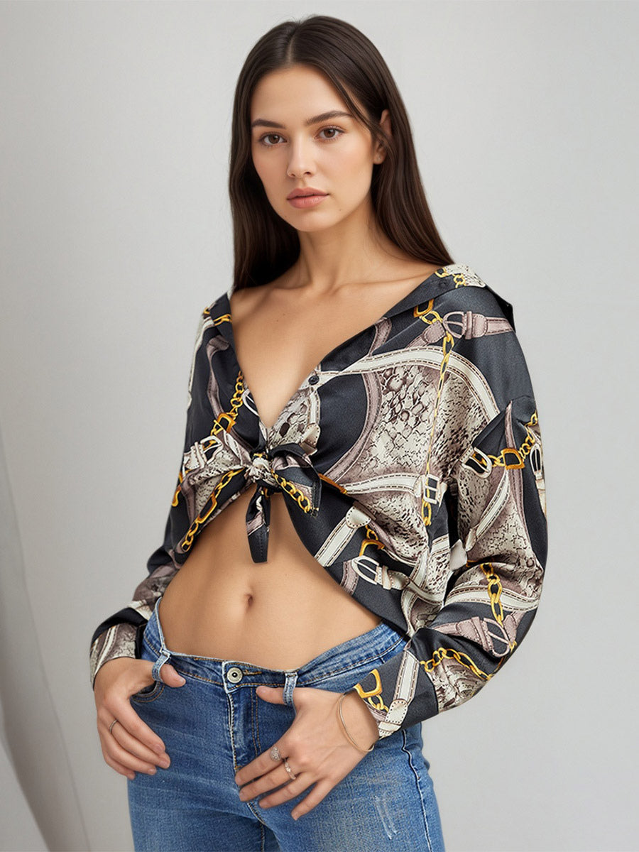 Chain Print Satin Long Sleeve Button Down Shirt Front Tie Cropped Blouse