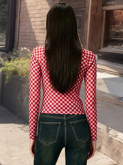 Square Neck Gingham Check Long Sleeve Ruched Slim Fitted Crop Top Blouse