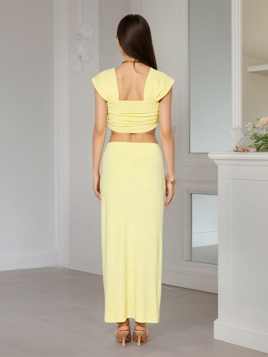 Square Neck Cap Sleeve Ruched Crop Top Mermaid Maxi Skirt 2 Piece Outfit Set