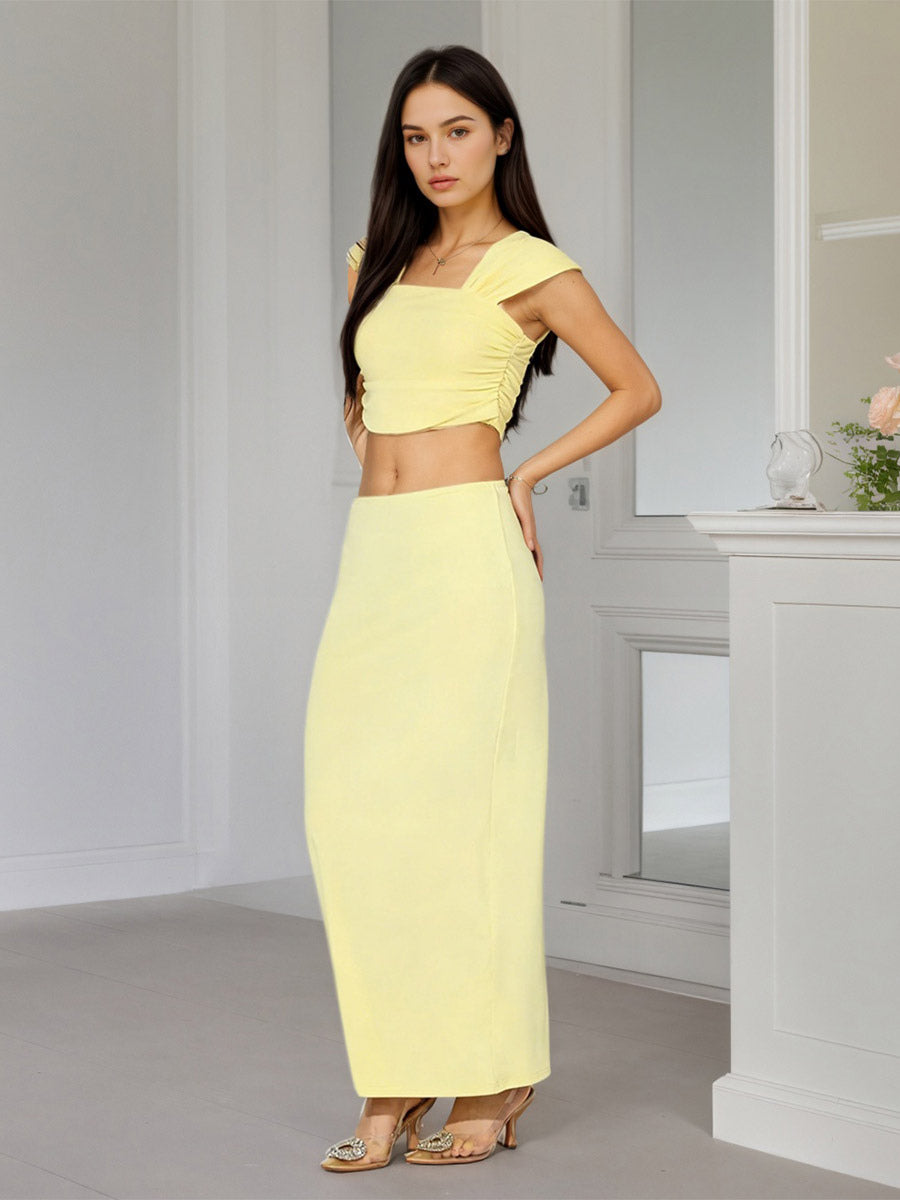 Square Neck Cap Sleeve Ruched Crop Top Mermaid Maxi Skirt 2 Piece Outfit Set
