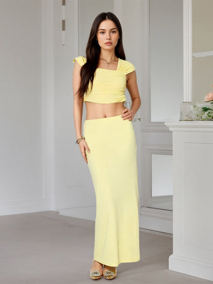 Square Neck Cap Sleeve Ruched Crop Top Mermaid Maxi Skirt 2 Piece Outfit Set