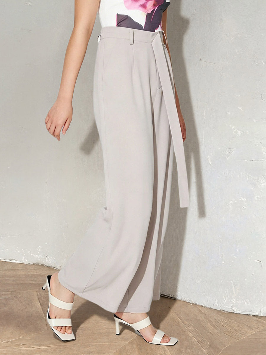 High Waist Tie Belt Wide Leg Palazzo Pants Pleated Loose Casual Trousers