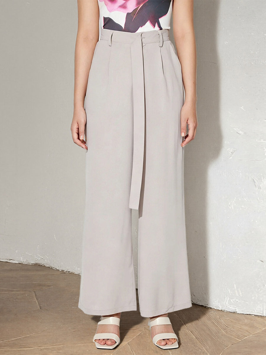 High Waist Tie Belt Wide Leg Palazzo Pants Pleated Loose Casual Trousers