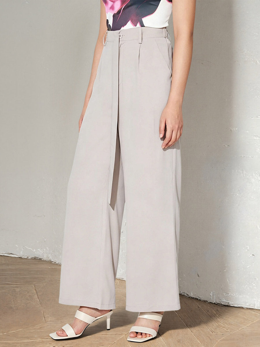 High Waist Tie Belt Wide Leg Palazzo Pants Pleated Loose Casual Trousers