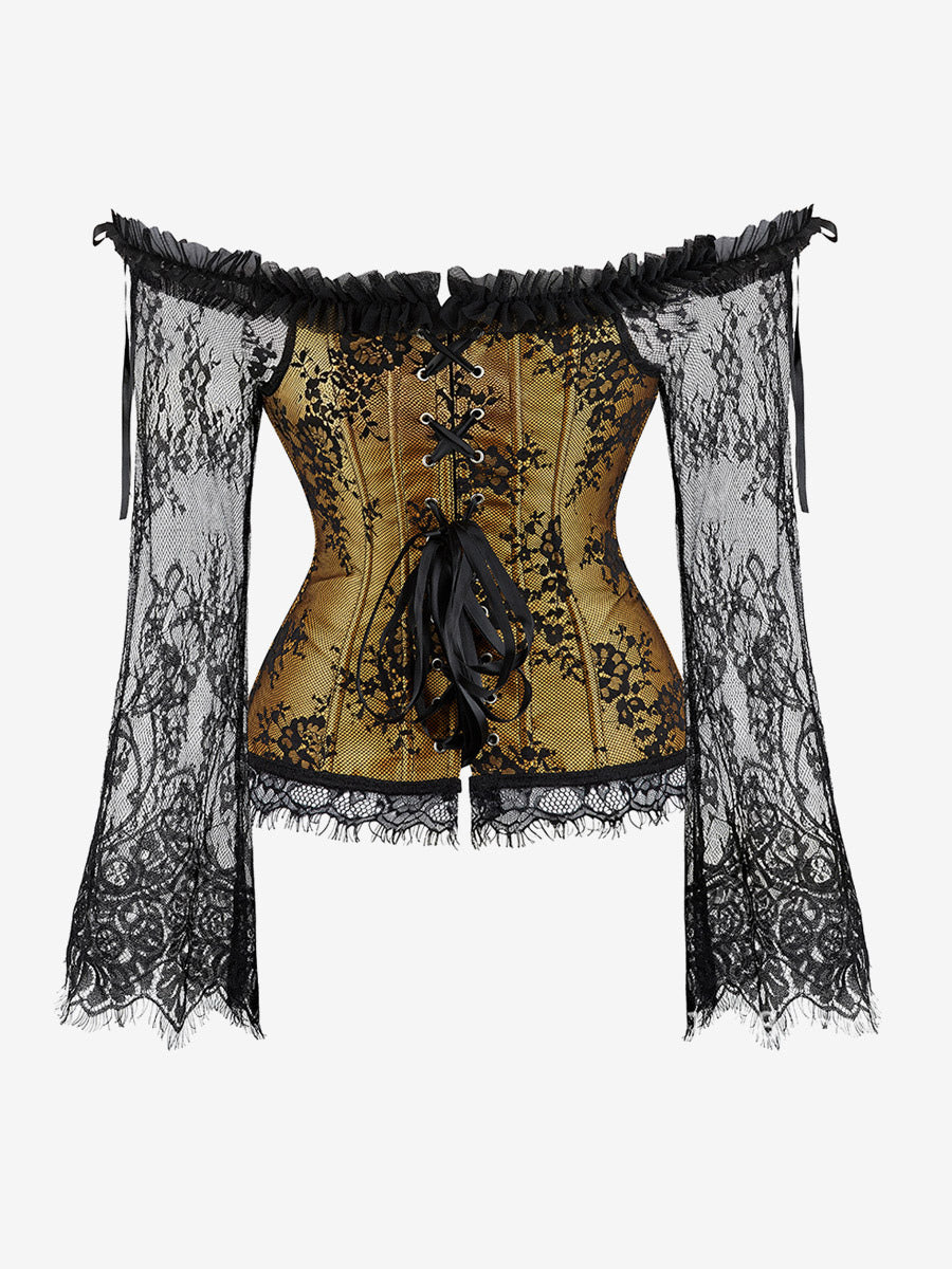 Off Shoulder Floral Lace Long Sleeve Overbust Corset Plus Size Front Hook Back Lace Up Waist Trainer