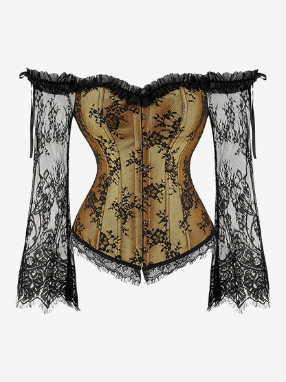 Off Shoulder Floral Lace Long Sleeve Overbust Corset Plus Size Front Hook Back Lace Up Waist Trainer