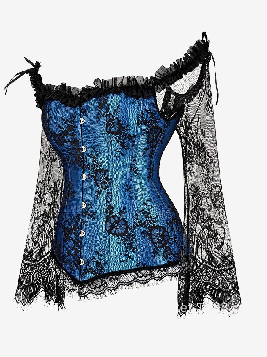 Off Shoulder Floral Lace Long Sleeve Overbust Corset Plus Size Front Hook Back Lace Up Waist Trainer