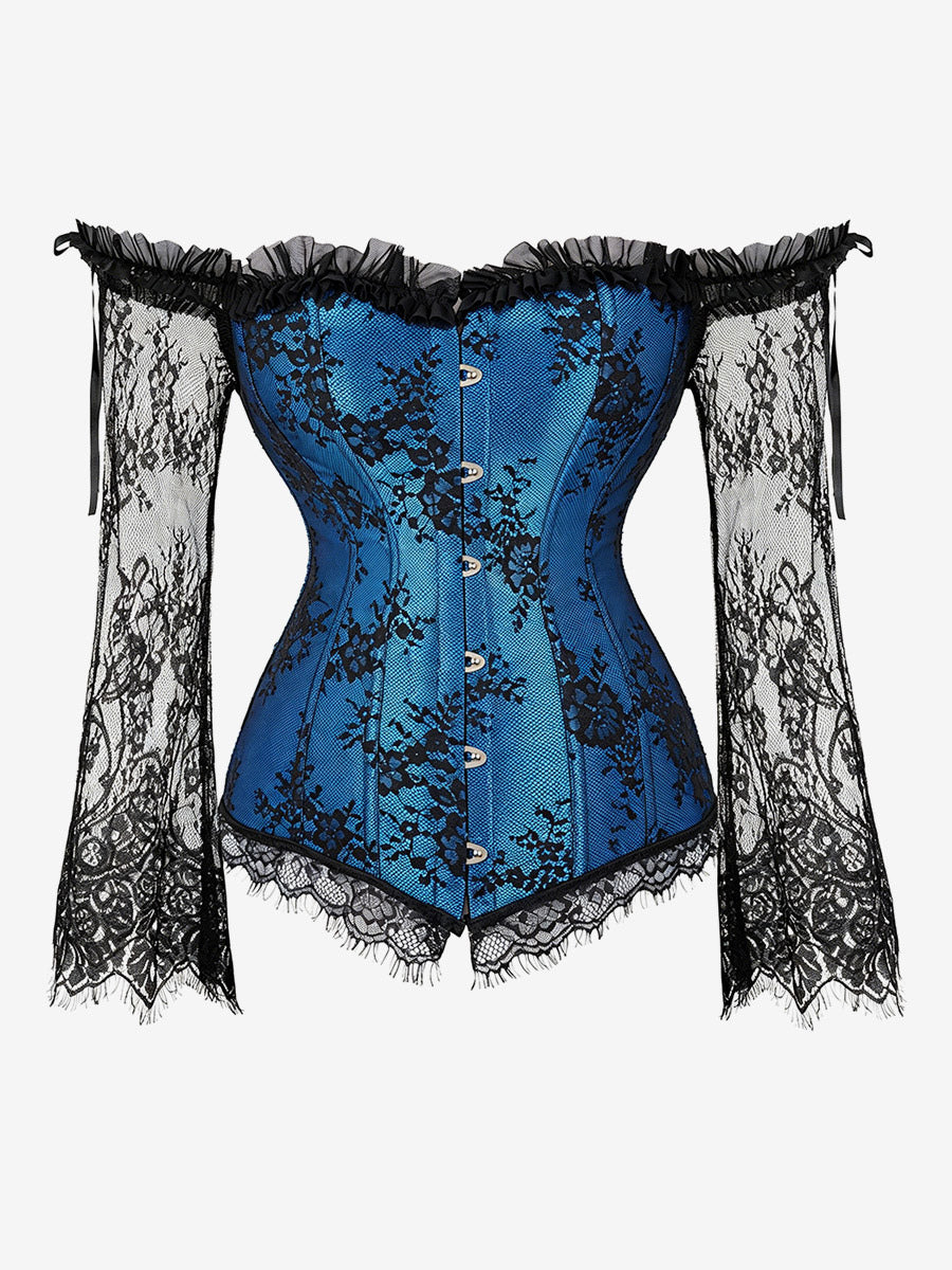 Off Shoulder Floral Lace Long Sleeve Overbust Corset Plus Size Front Hook Back Lace Up Waist Trainer