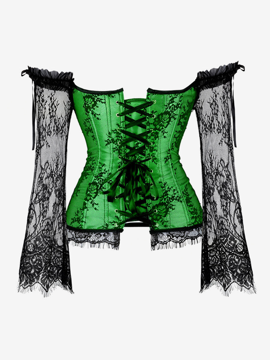 Off Shoulder Floral Lace Long Sleeve Overbust Corset Plus Size Front Hook Back Lace Up Waist Trainer