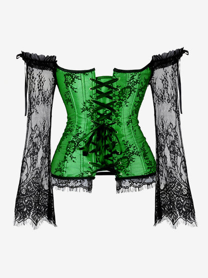 Off Shoulder Floral Lace Long Sleeve Overbust Corset Plus Size Front Hook Back Lace Up Waist Trainer