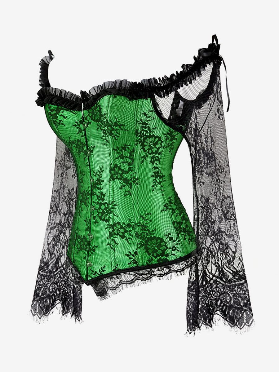 Off Shoulder Floral Lace Long Sleeve Overbust Corset Plus Size Front Hook Back Lace Up Waist Trainer
