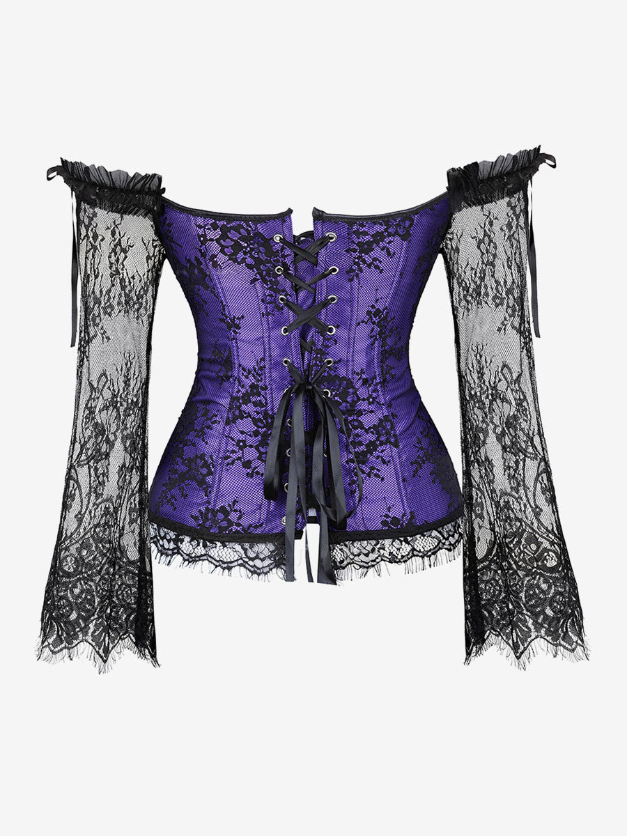 Off Shoulder Floral Lace Long Sleeve Overbust Corset Plus Size Front Hook Back Lace Up Waist Trainer
