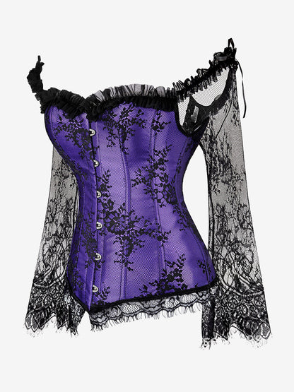 Off Shoulder Floral Lace Long Sleeve Overbust Corset Plus Size Front Hook Back Lace Up Waist Trainer