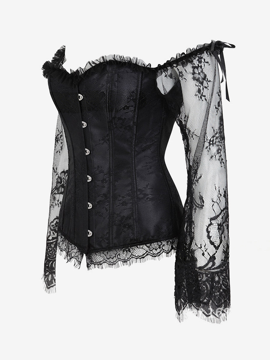 Off Shoulder Floral Lace Long Sleeve Overbust Corset Front Hook Back Lace Up