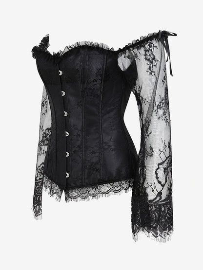 Off Shoulder Floral Lace Long Sleeve Overbust Corset Front Hook Back Lace Up