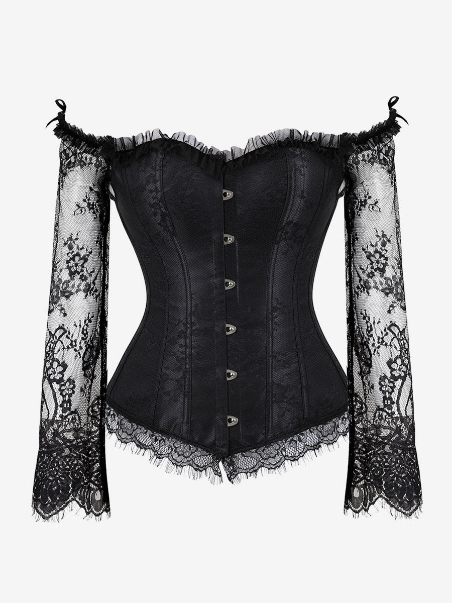 Off Shoulder Floral Lace Long Sleeve Overbust Corset Front Hook Back Lace Up
