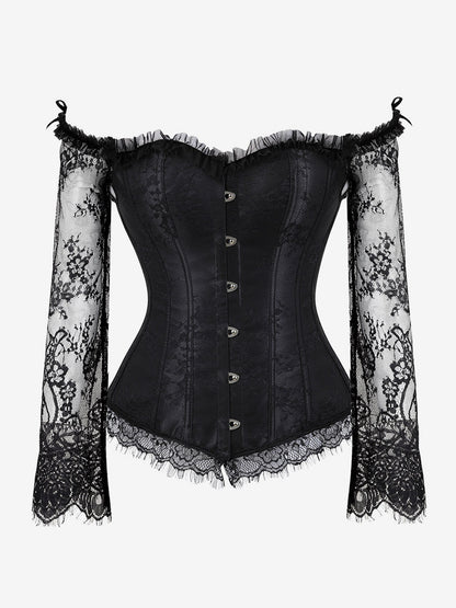 Off Shoulder Floral Lace Long Sleeve Overbust Corset Front Hook Back Lace Up