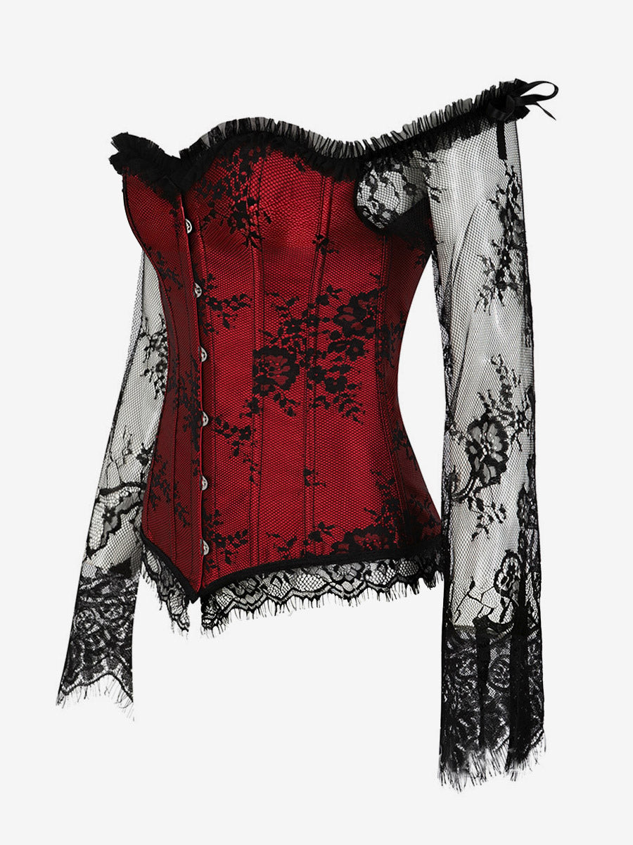 Off Shoulder Floral Lace Long Sleeve Overbust Corset Front Hook Back Lace Up