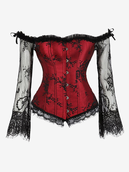 Off Shoulder Floral Lace Long Sleeve Overbust Corset Front Hook Back Lace Up