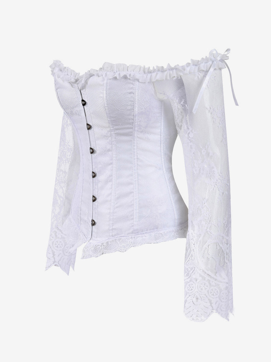 Off Shoulder Floral Lace Long Sleeve Overbust Corset Front Hook Back Lace Up