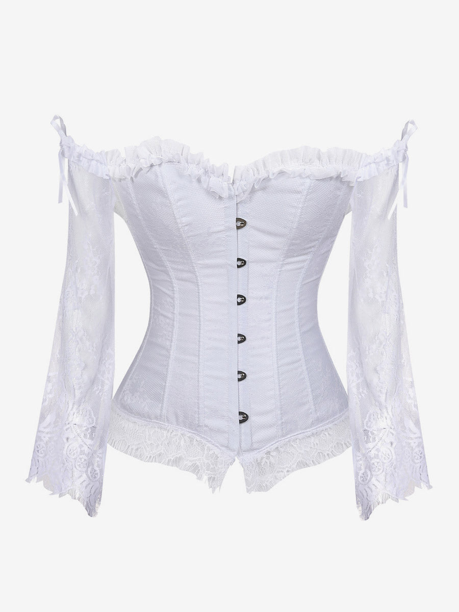 Off Shoulder Floral Lace Long Sleeve Overbust Corset Front Hook Back Lace Up